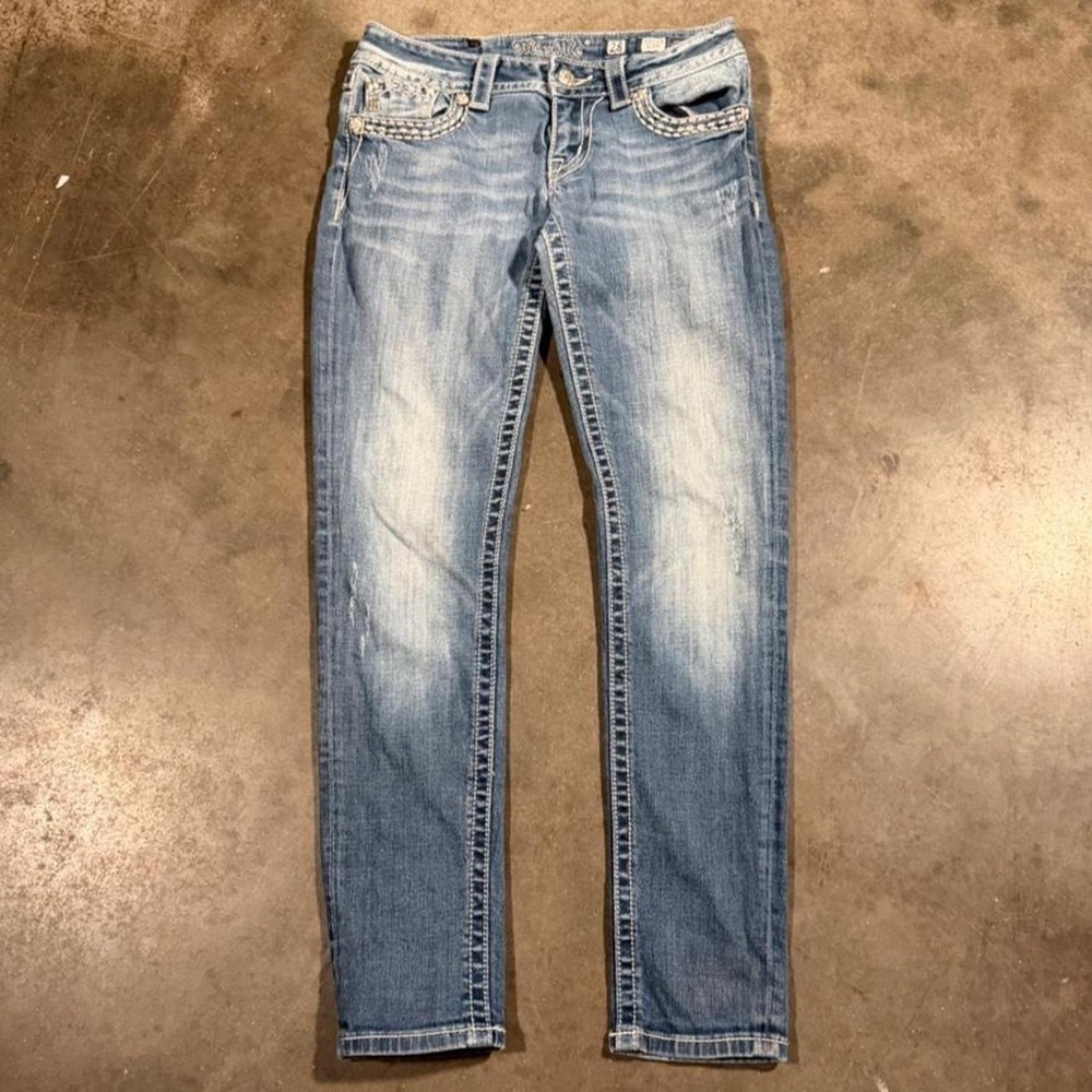 Miss Me Womens Blue Skinny Jeans Low Rise Embellished Y2K Size 28